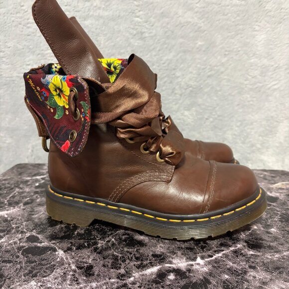 Dr Martens Boots Womens 5 Brown Floral Triumph Aimilita Fold Down Leather Combat - Picture 2 of 10